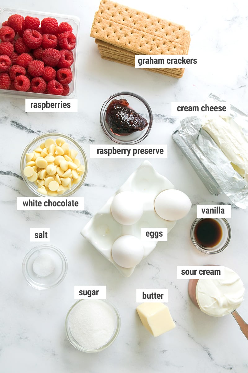 Ingredients for raspberry white chocolate cheesecake