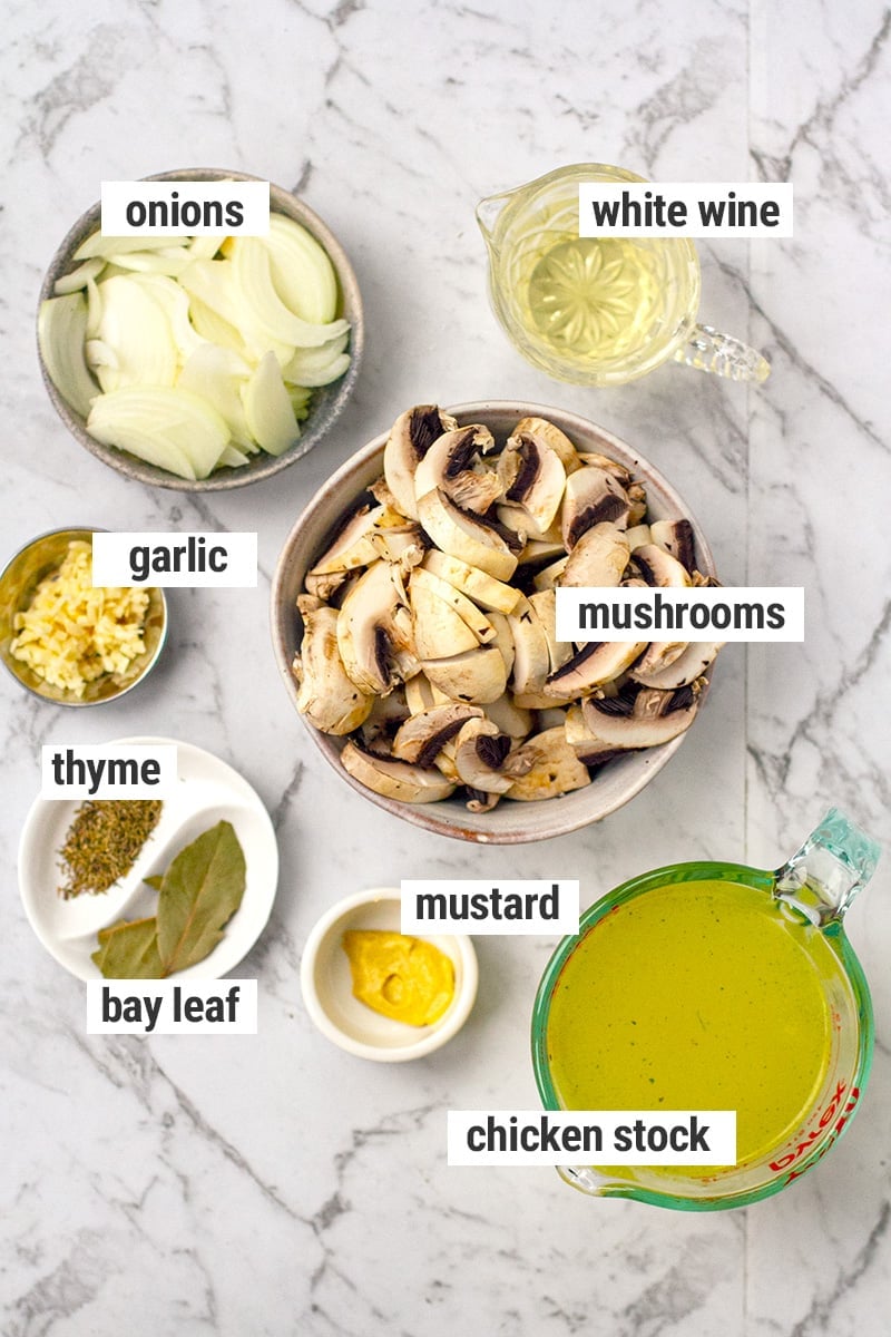 Chicken fricassee sauce ingredients: mushrooms, onions, garlic, white wine, stock, thyme, bay leaf, mustard