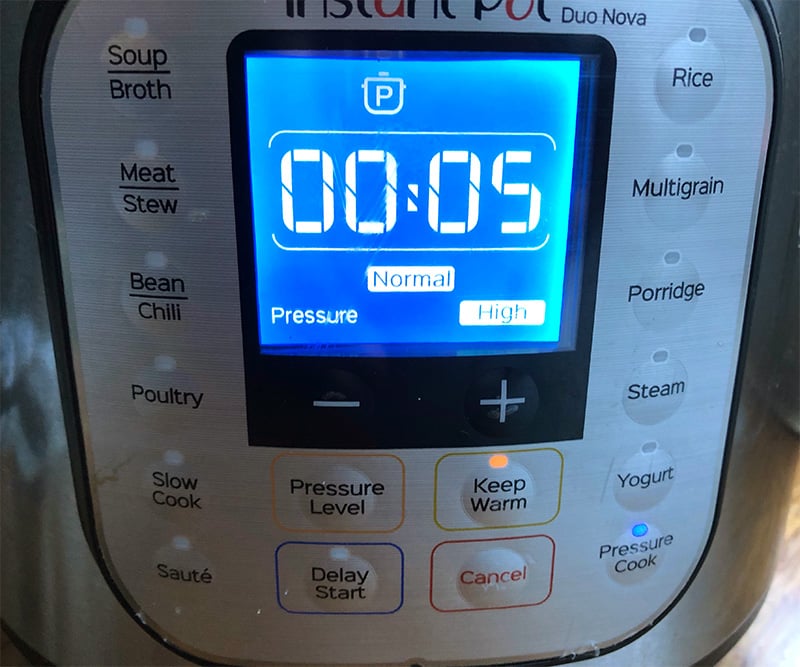 Setting the Instant Pot timer for creamed corn
