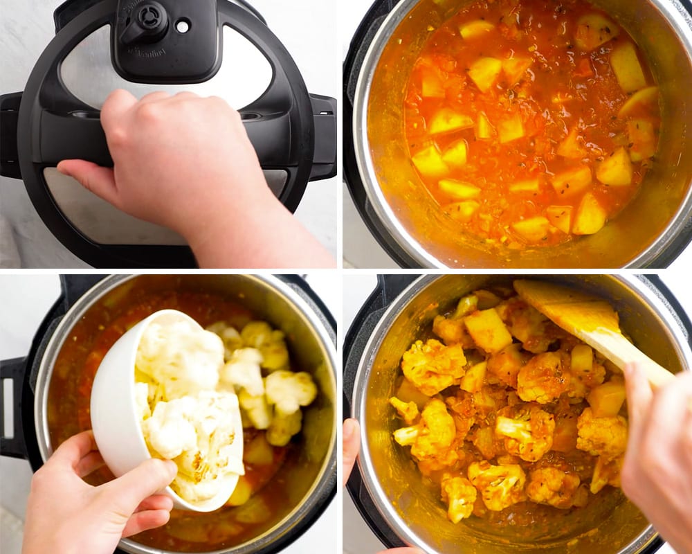 how to cook aloo gobi in Instant Pot - pressure cooking lid, adding cauliflower, stirring with the sauce.