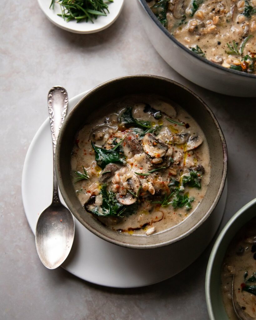 Creamy Vegan Mushroom Stew with Farro & Kale