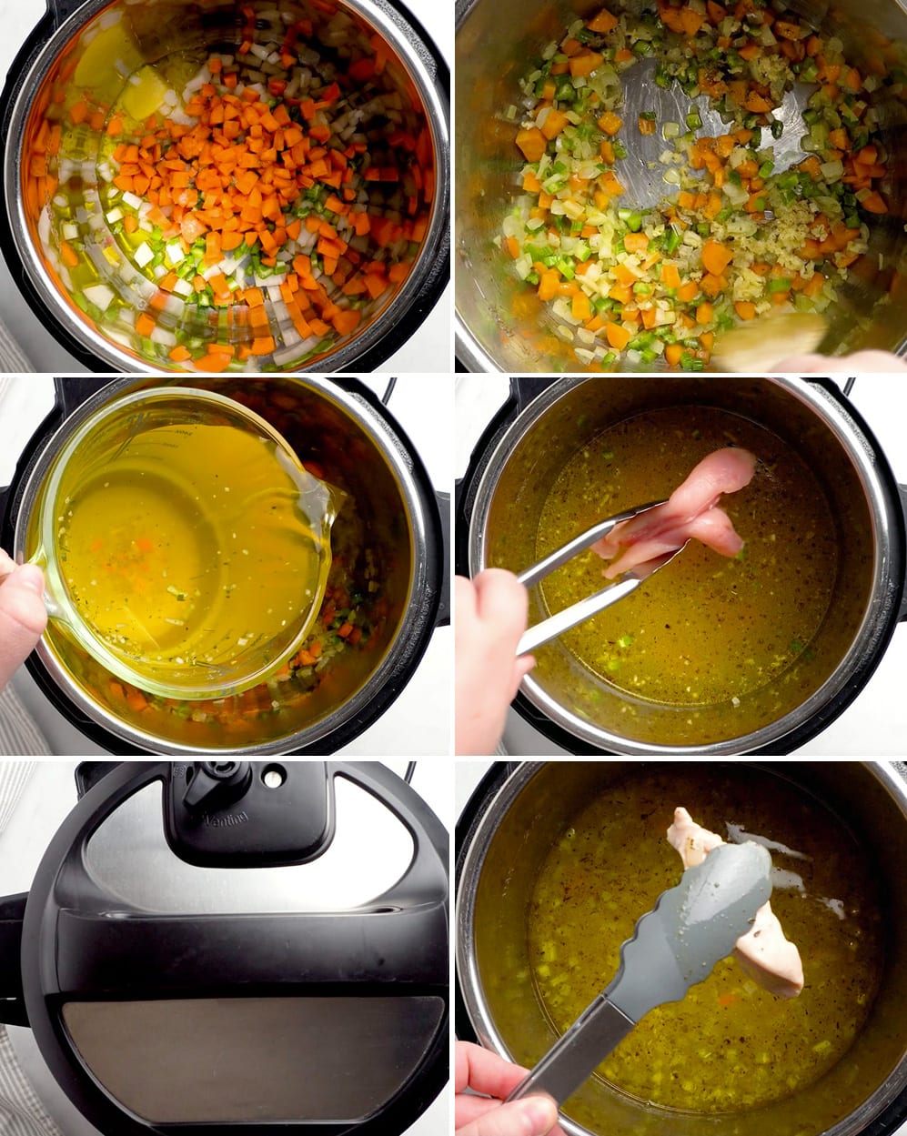 step by step showing how to make chicken orzo soup in the instant pot - sauteeing onions and vegetables, adding stock and chicken, pressure cooking.