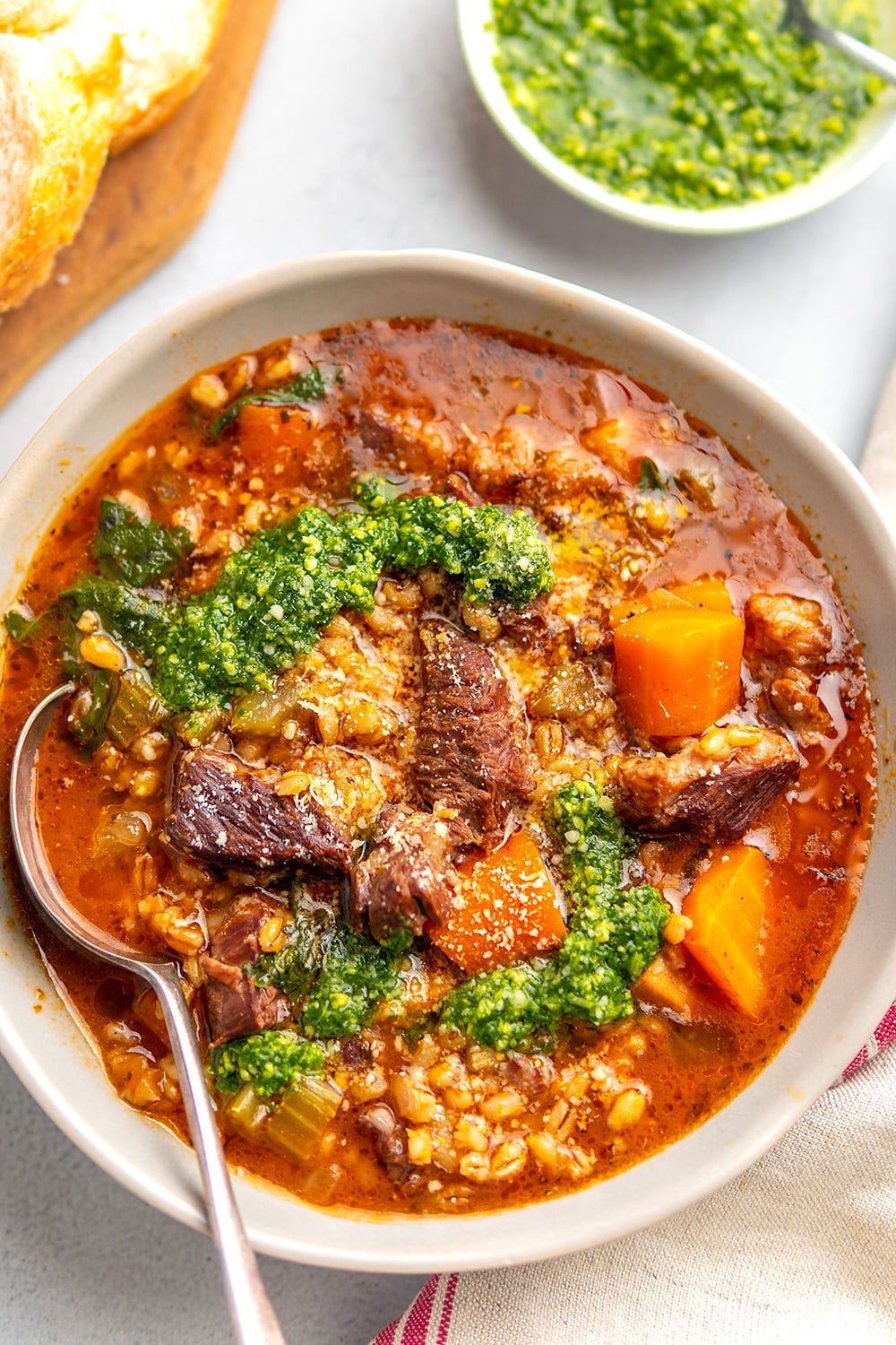 Instant Pot Beef & Barley Soup With Pesto