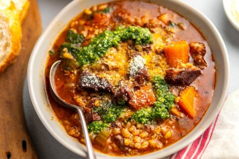 Instant Pot Beef & Barley Soup With Pesto