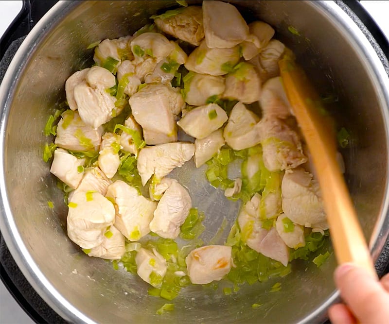 Add the diced chicken and cook together for 2-3 more minutes, stirring a few times. Cancel to stop the Saute function.