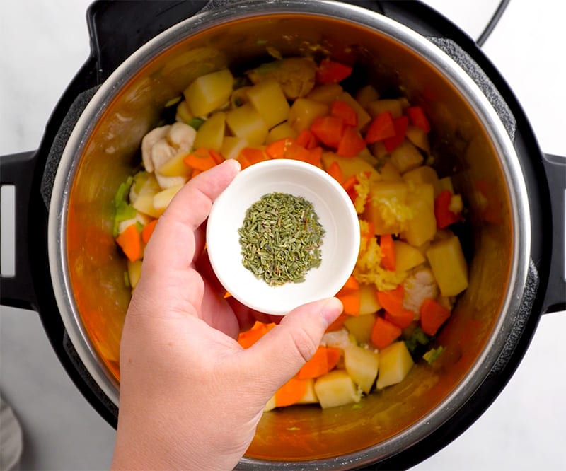 Herbs in the Instant Pot chicken stew