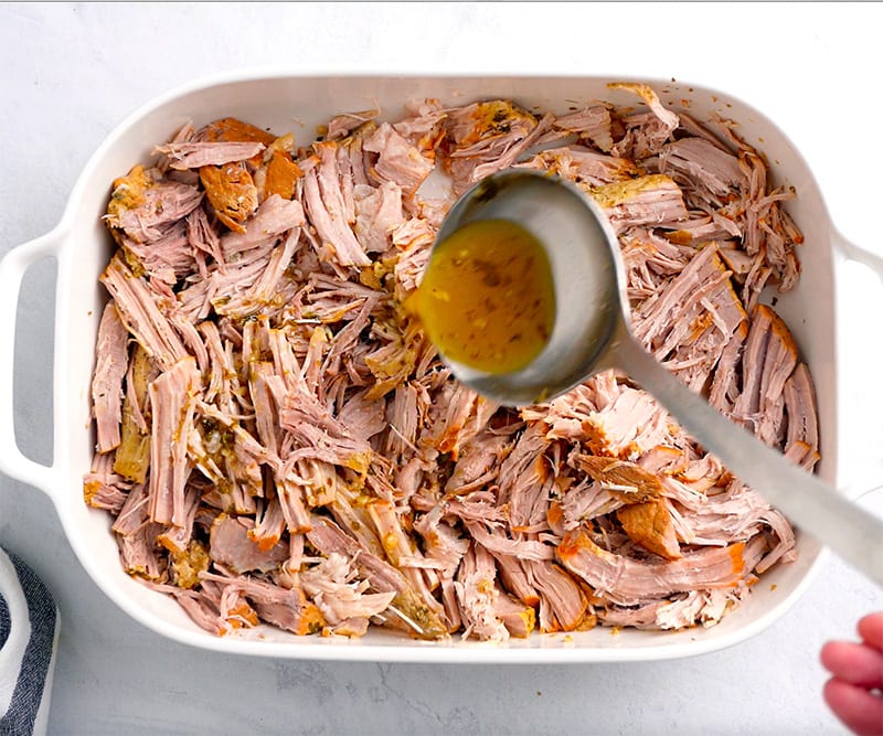 In the meantime, leave the cooking marinade broth in the pot and set it to Saute. Let it reduce for 5-7 minutes, stirring a few times, then pour some of that mojo liquid over the pork when serving so it absorbs all those delicious juices. - Instant Pot Mojo Pork & Cuban Sandwiches