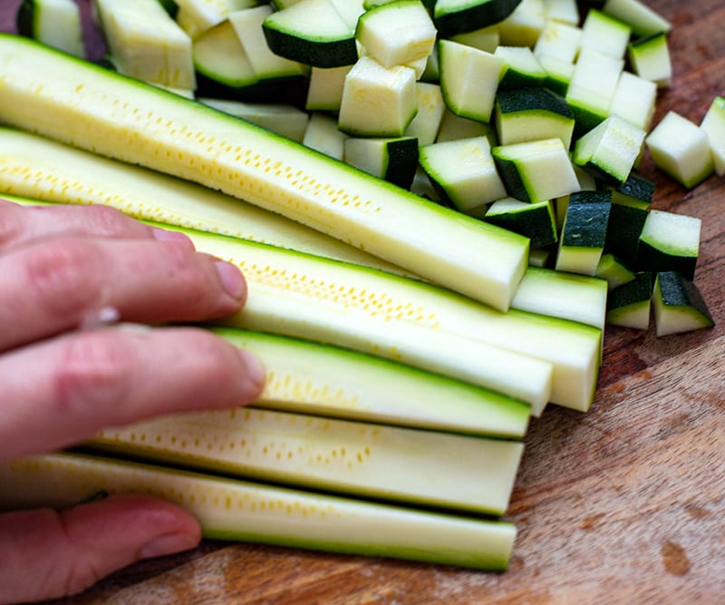 03 cut zucchini in strips and then cubes
