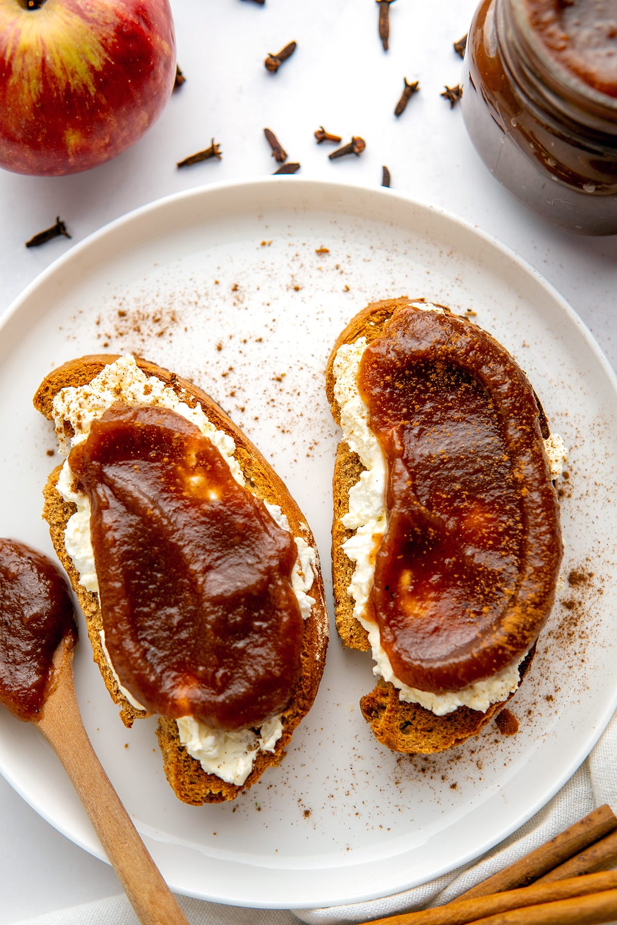 apple butter spread on toast with ricotta