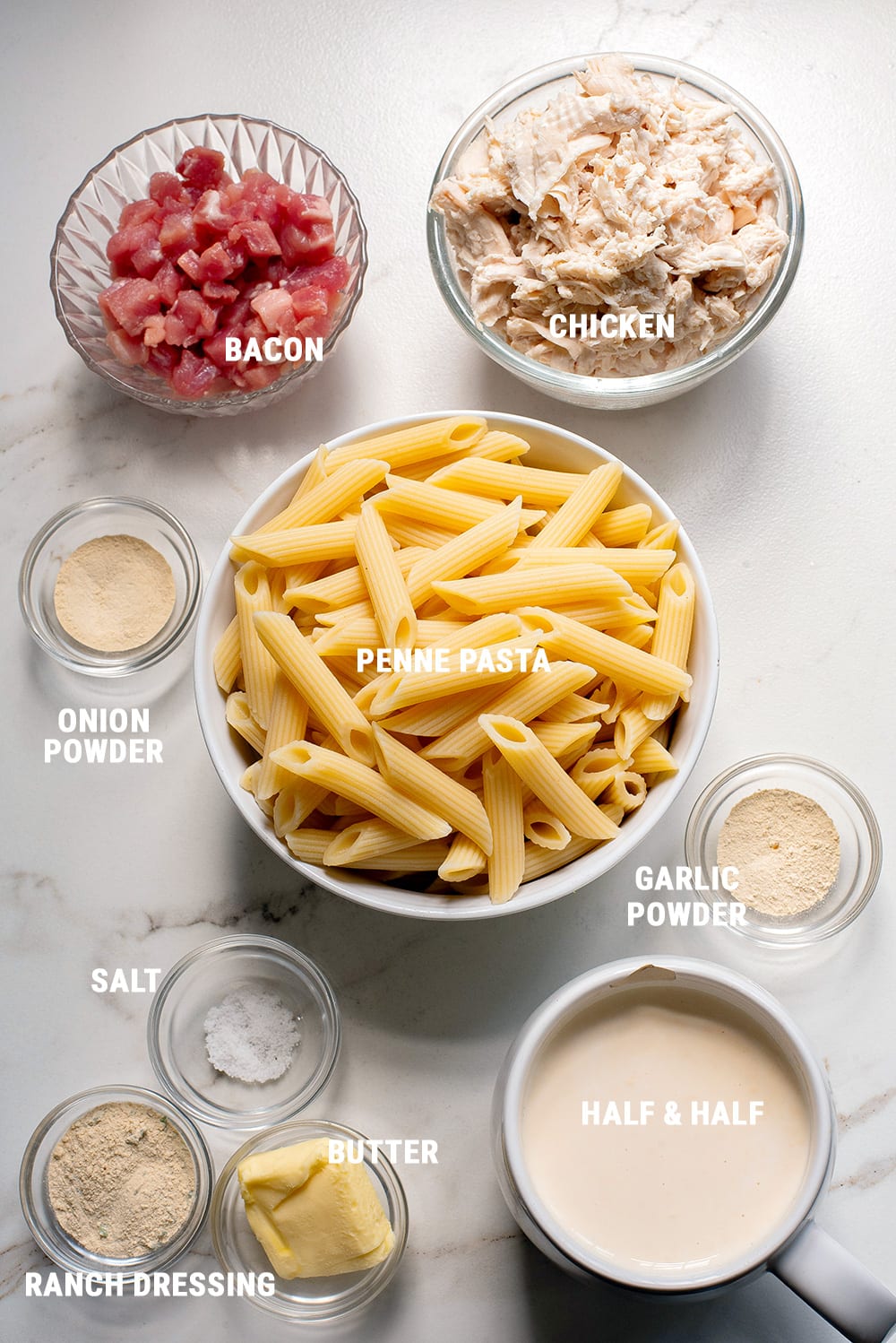 Ingredients for Chicken Bacon Ranch Pasta