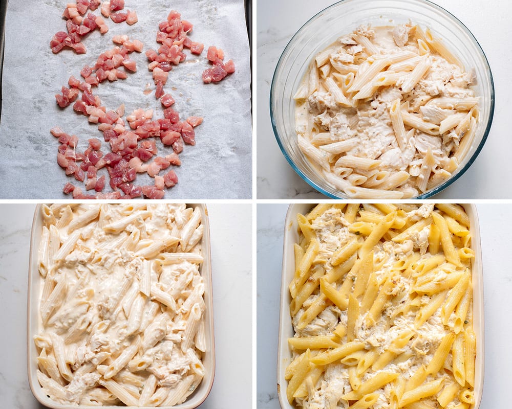 how to make Chicken Bacon Ranch Pasta steps: diced bacon on the oven tray, pasta and chicken mixed, pasta chicken in a casserole dish, baked.