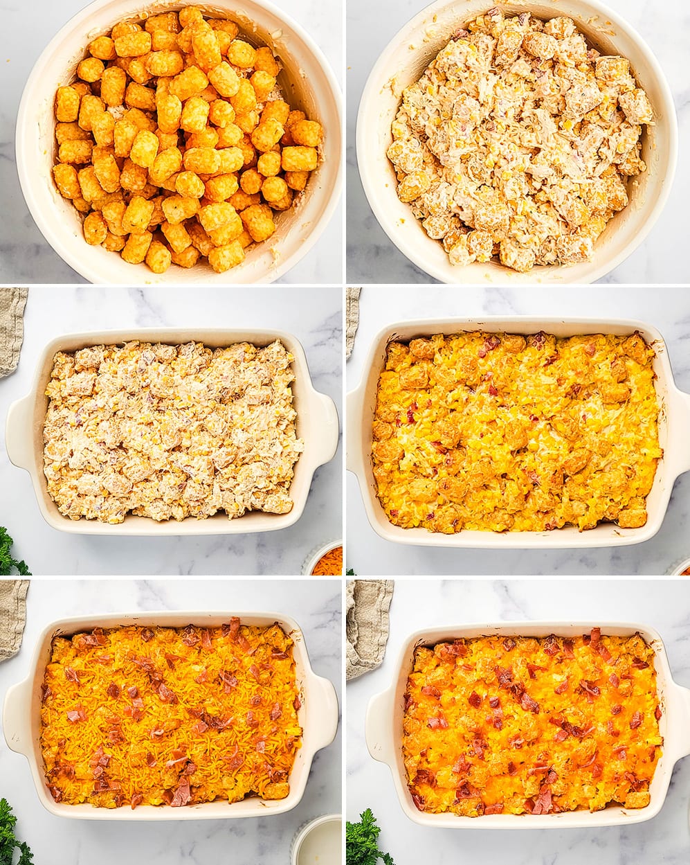 how to make tater tot casserole collage image with step 2