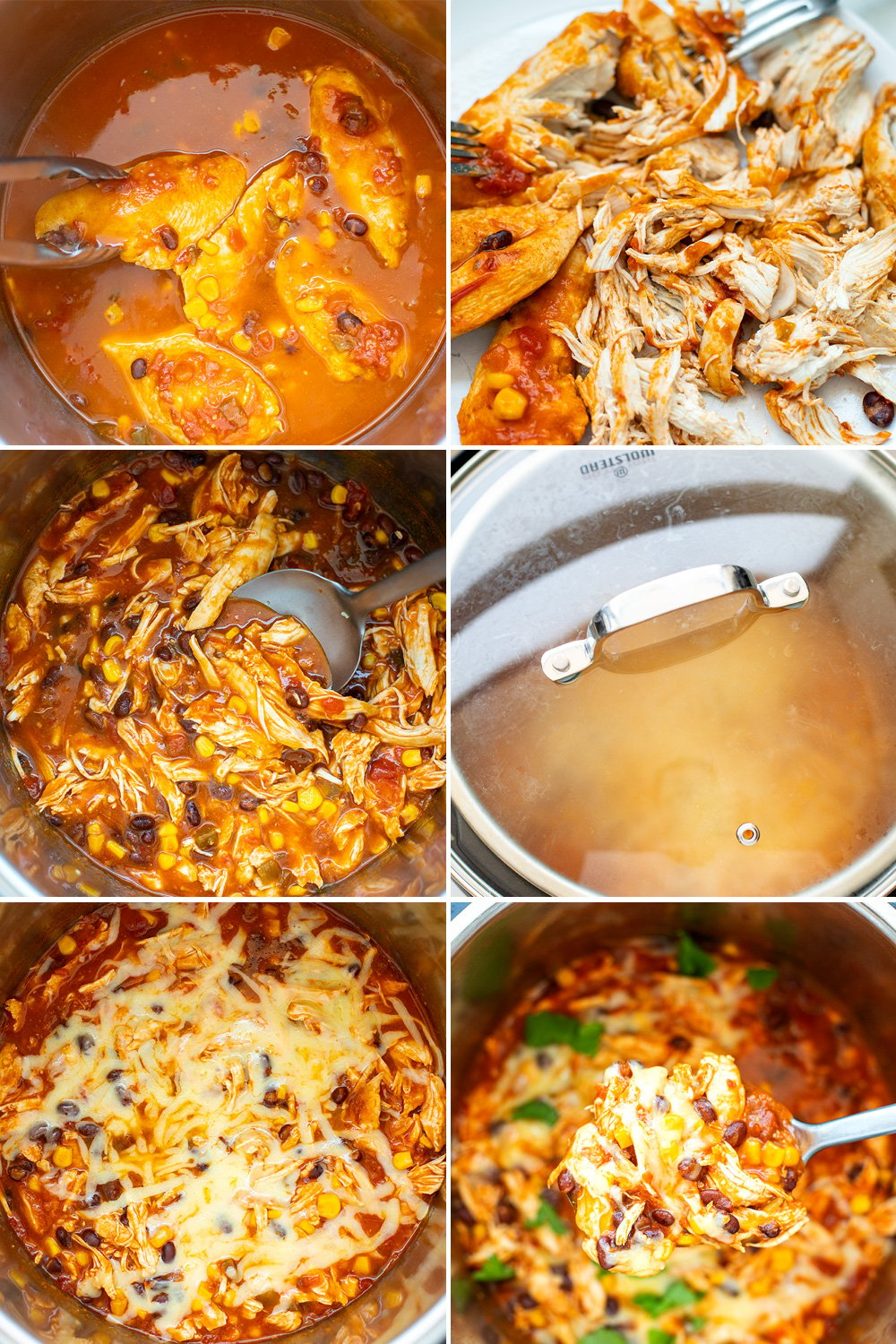 making salsa chicken in the instant pot collage of steps after cooking is finished