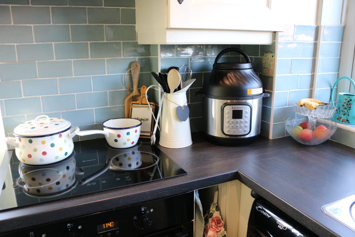 general view of the kitchen with instant pot duo crisp on the counter