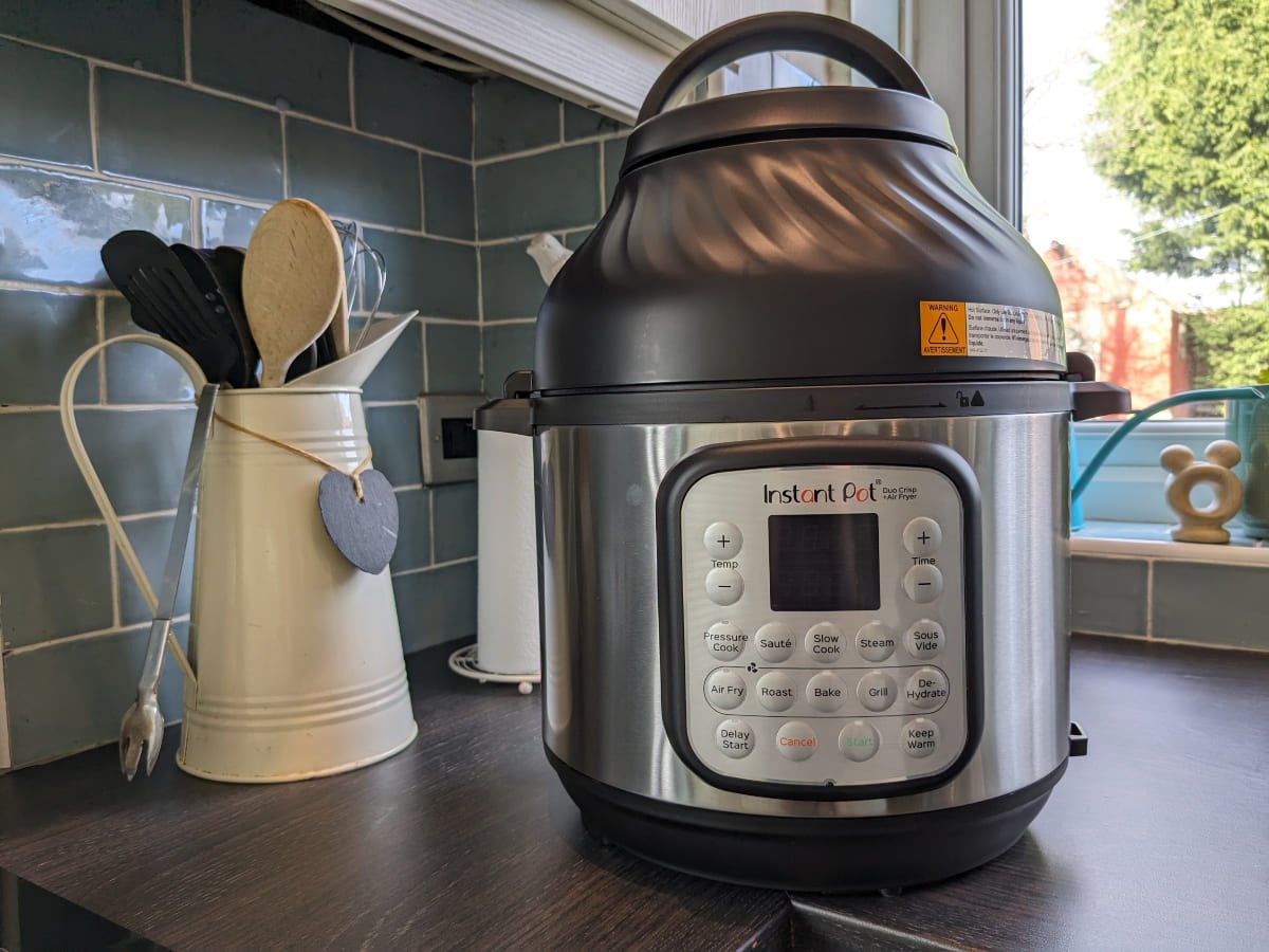 Instant Pot with air fryer lid on kitchen counter
