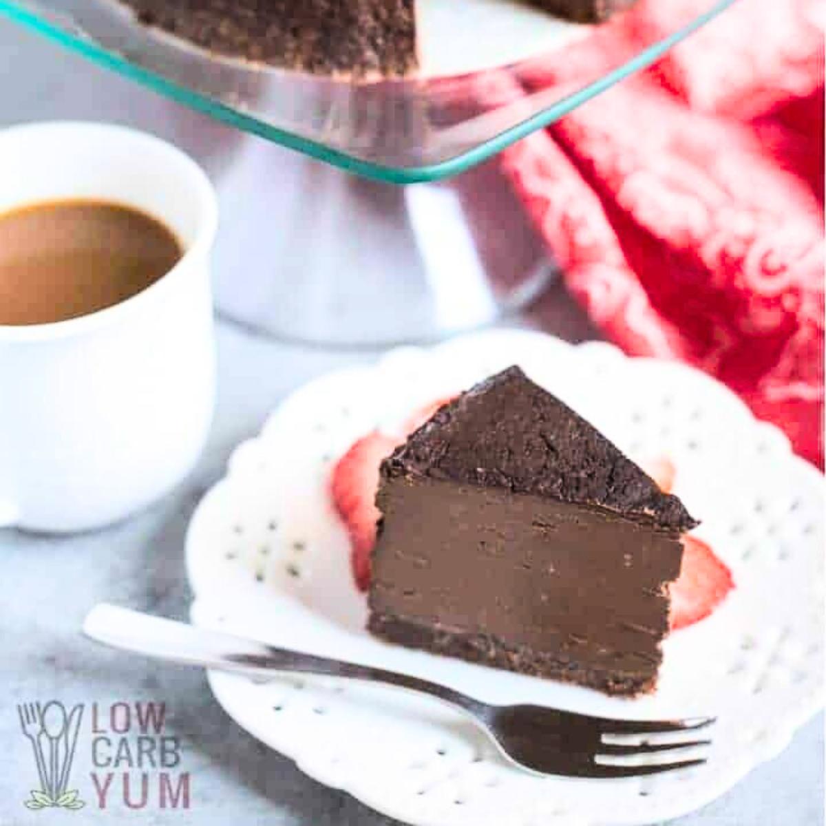 Decadent Keto Chocolate Cheesecake, with a rich, creamy chocolate filling on a low-carb crust.