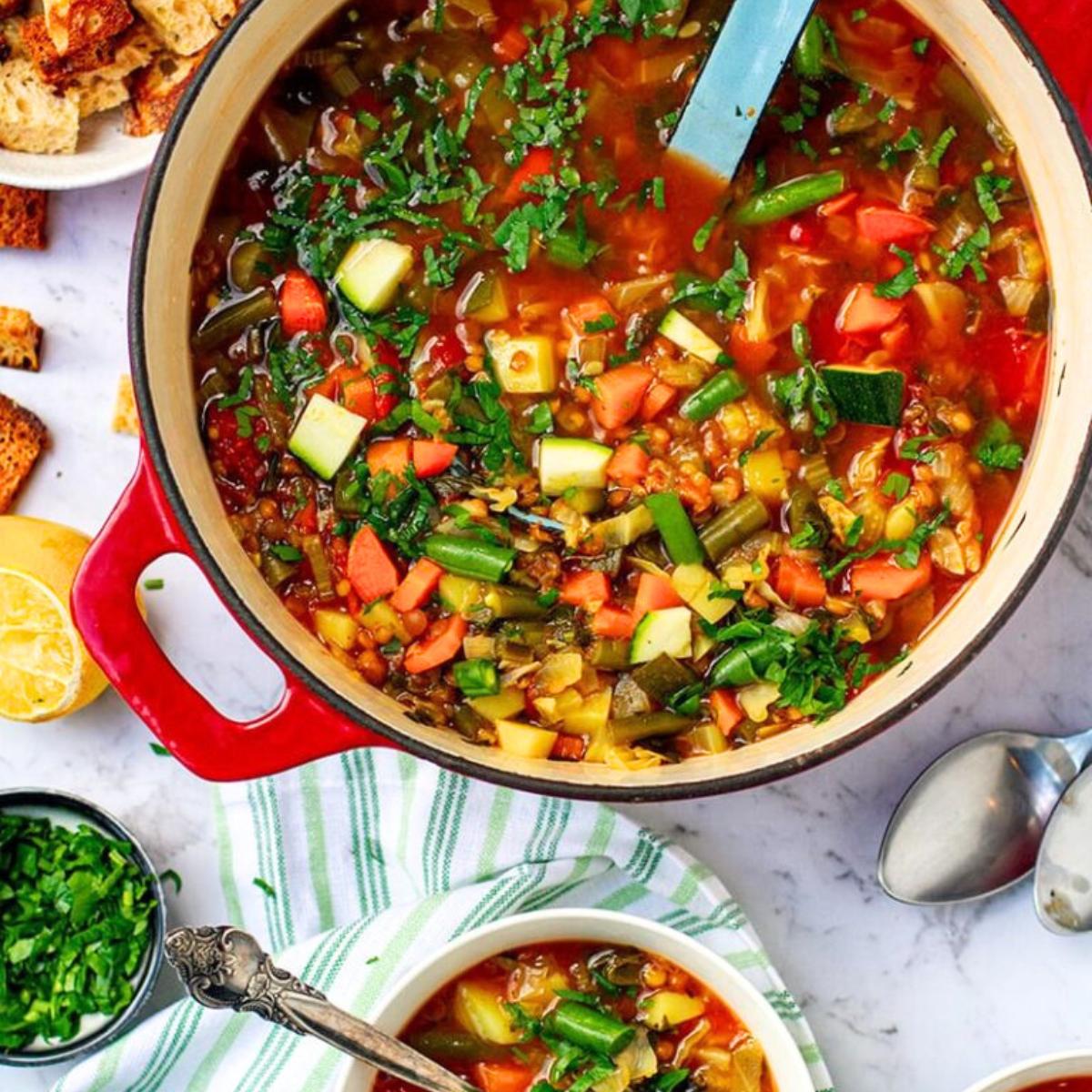 A light and nutritious low-calorie soup with a medley of vegetables and lentils, simmered in a flavorful broth for a hearty, filling meal.







