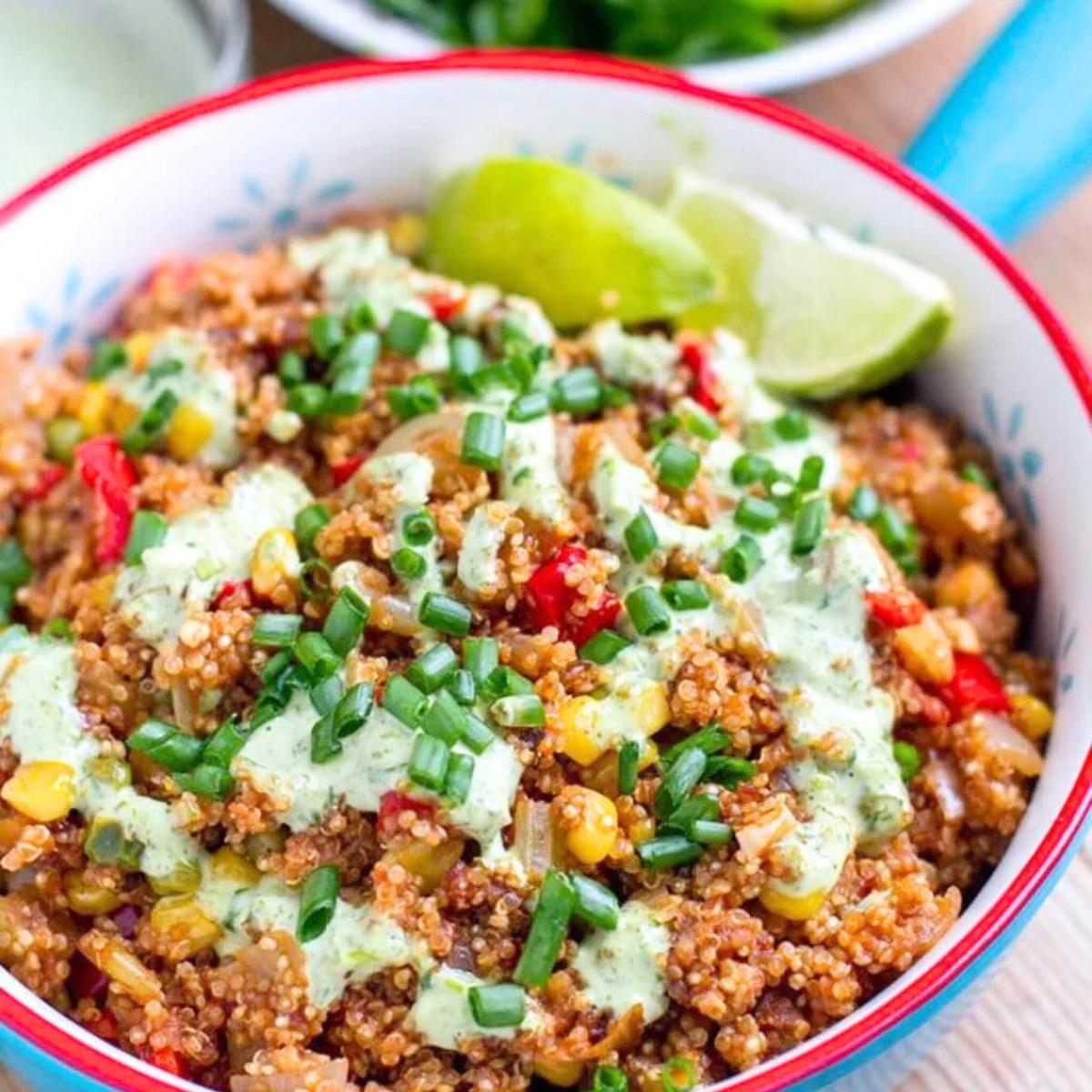 A vibrant Mexican Quinoa with black beans, corn, and a zesty cilantro-lime dressing, creating a fresh and flavorful dish that's perfect as a side or main.







