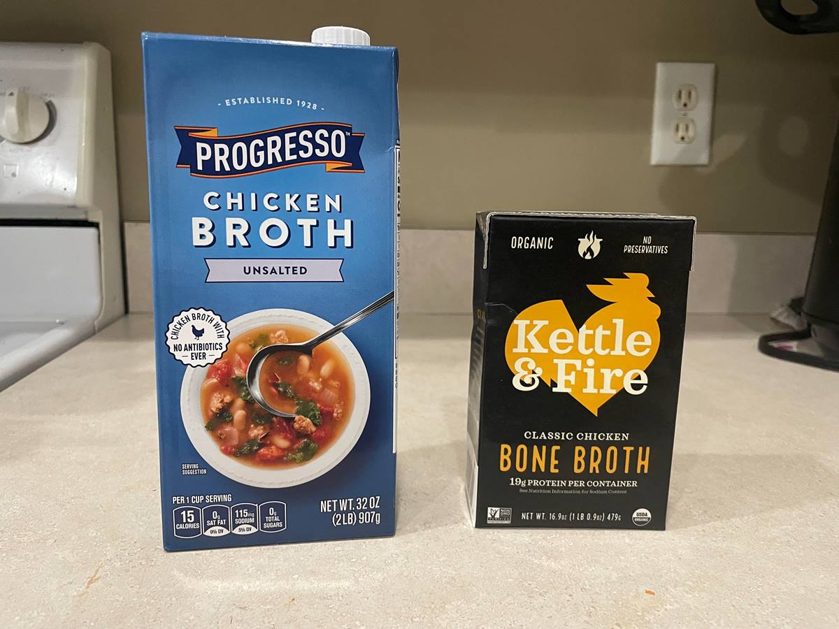 pack of Kettle & Fire bone broth and Progresso beef and pack of chicken broth