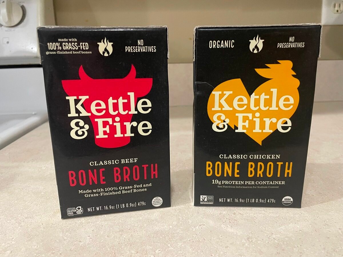 boxes of chicken bone broth and beef bone broth