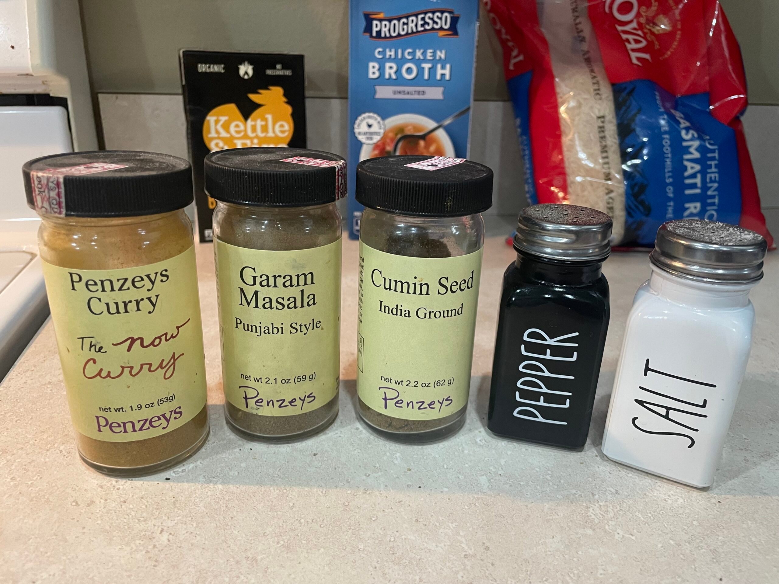salt, pepper and seasonings such as curry powder, garam masala, and cumin