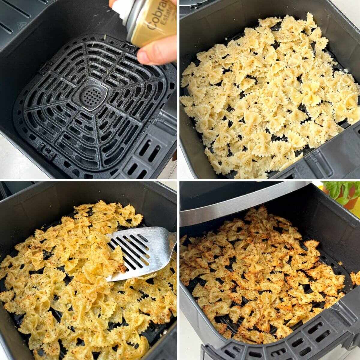 collage of air frying pasta