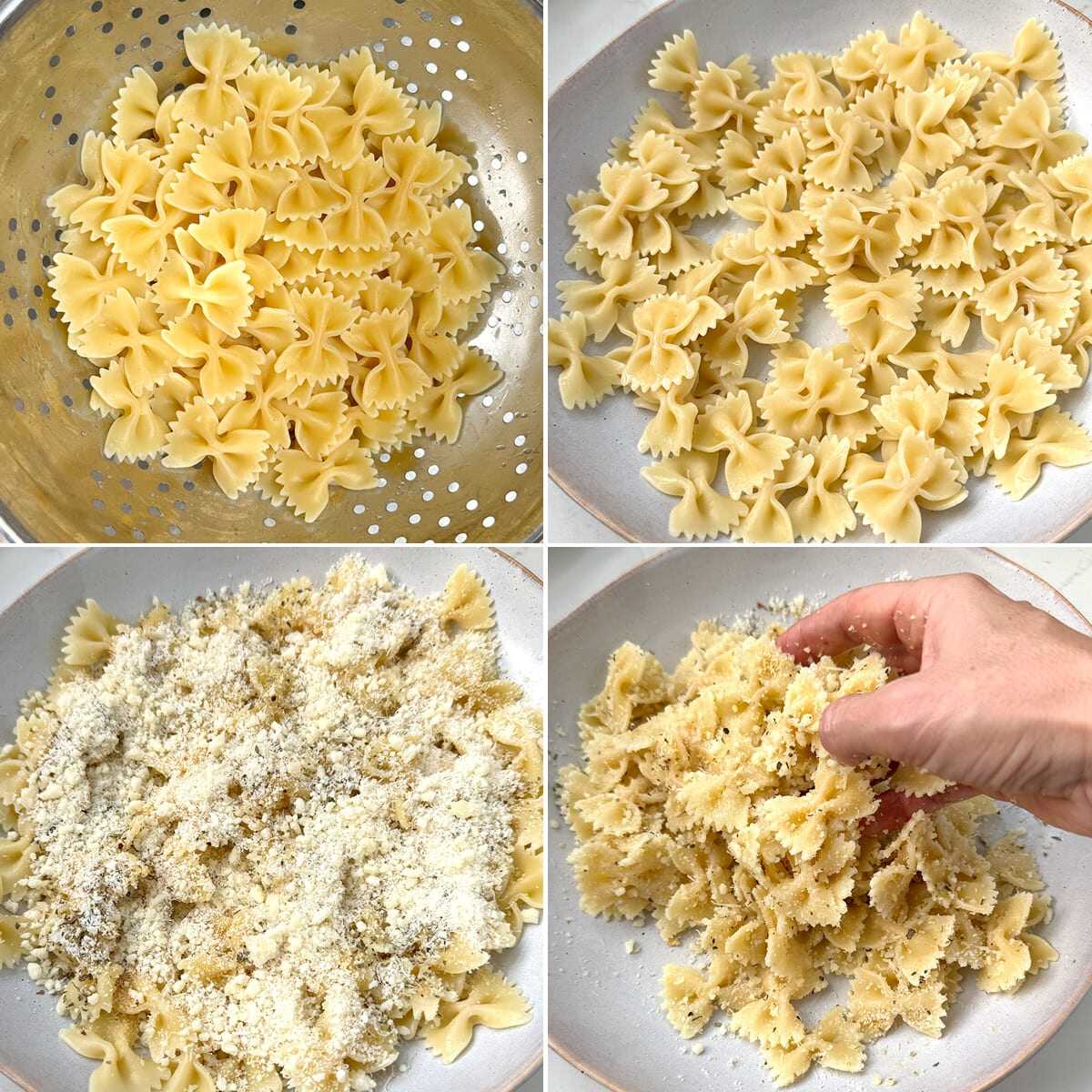 collage of draining and mixing the pasta with spices and cheese in a bowl