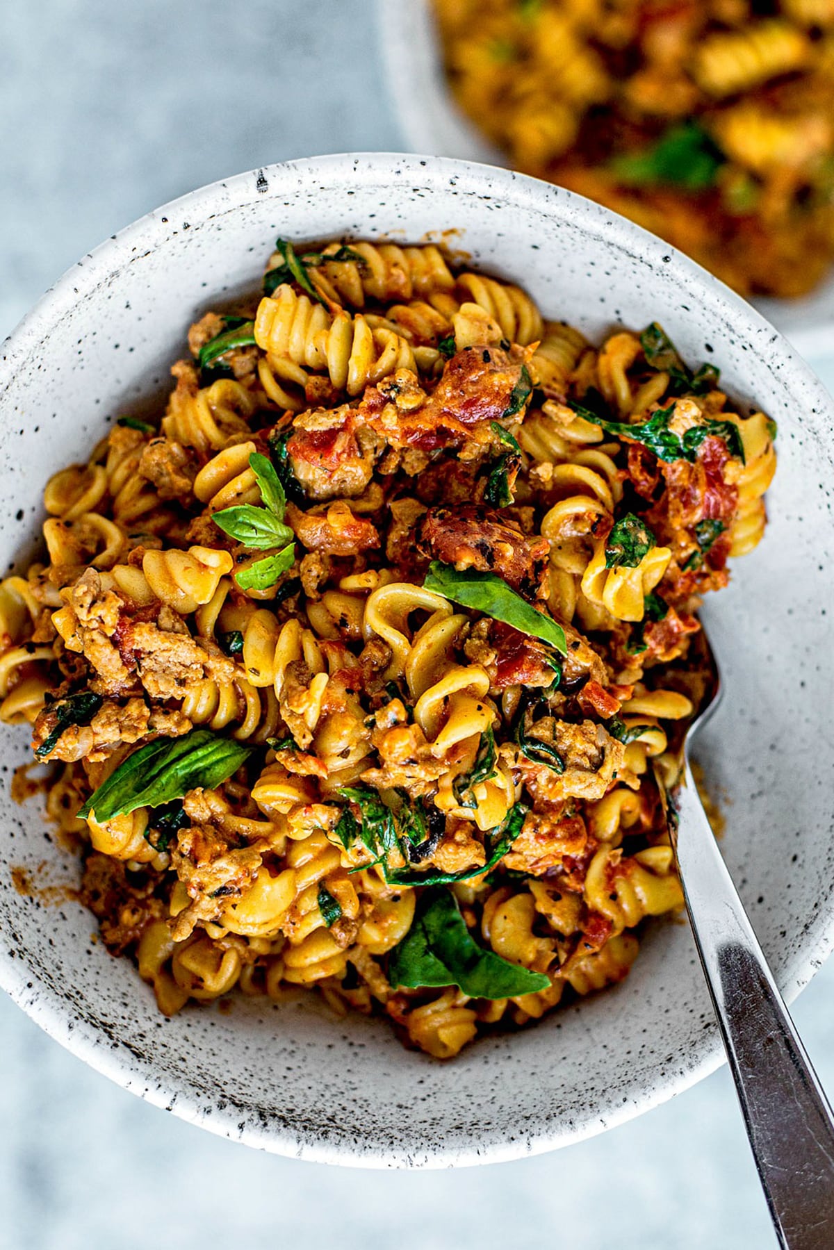 Creamy Tomato Instant Pot Pasta with Ground Turkey and Spinach