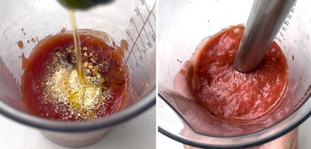 making tomato sauce collage with an immersion blender