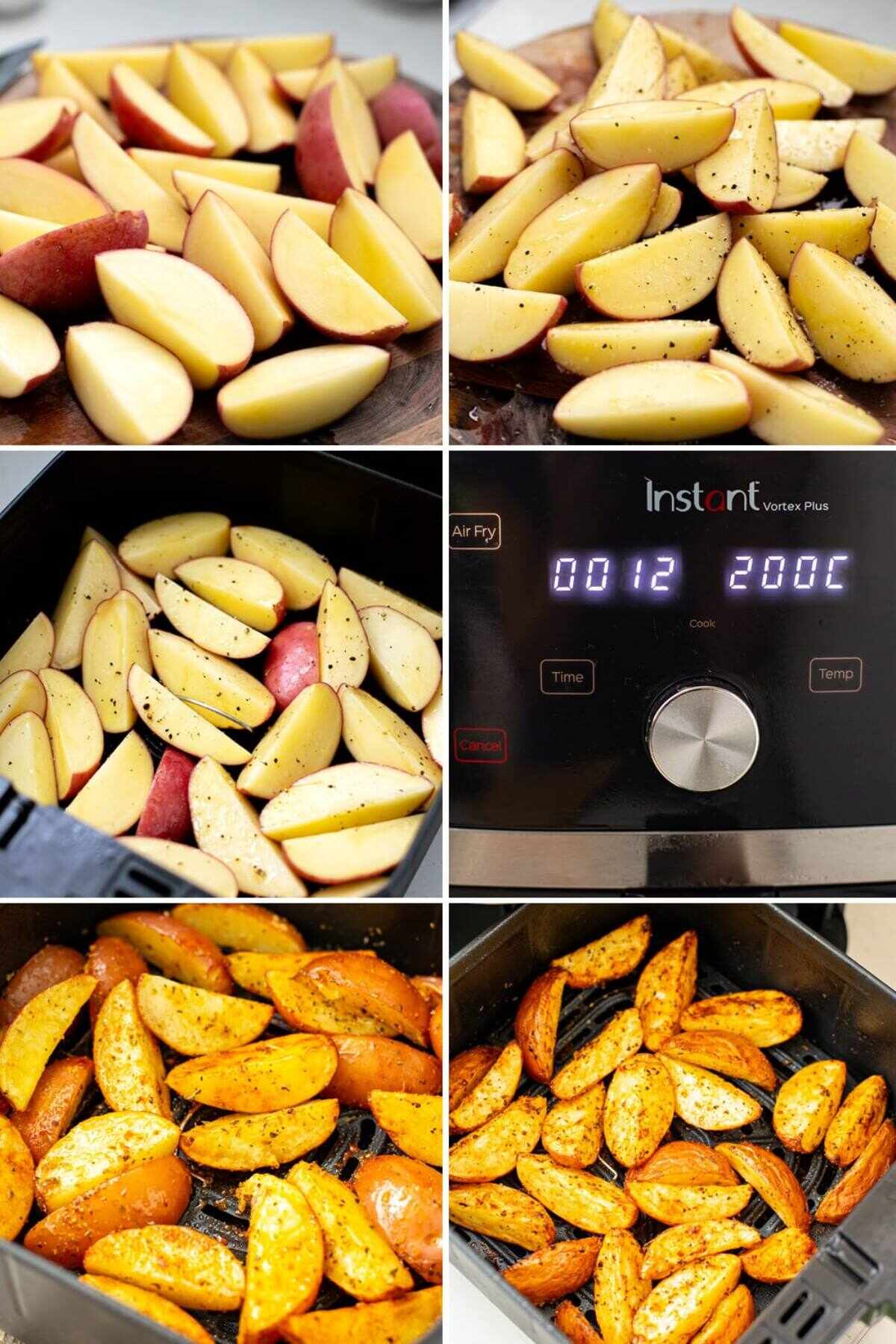 collage of steps how to air fry red potatoes