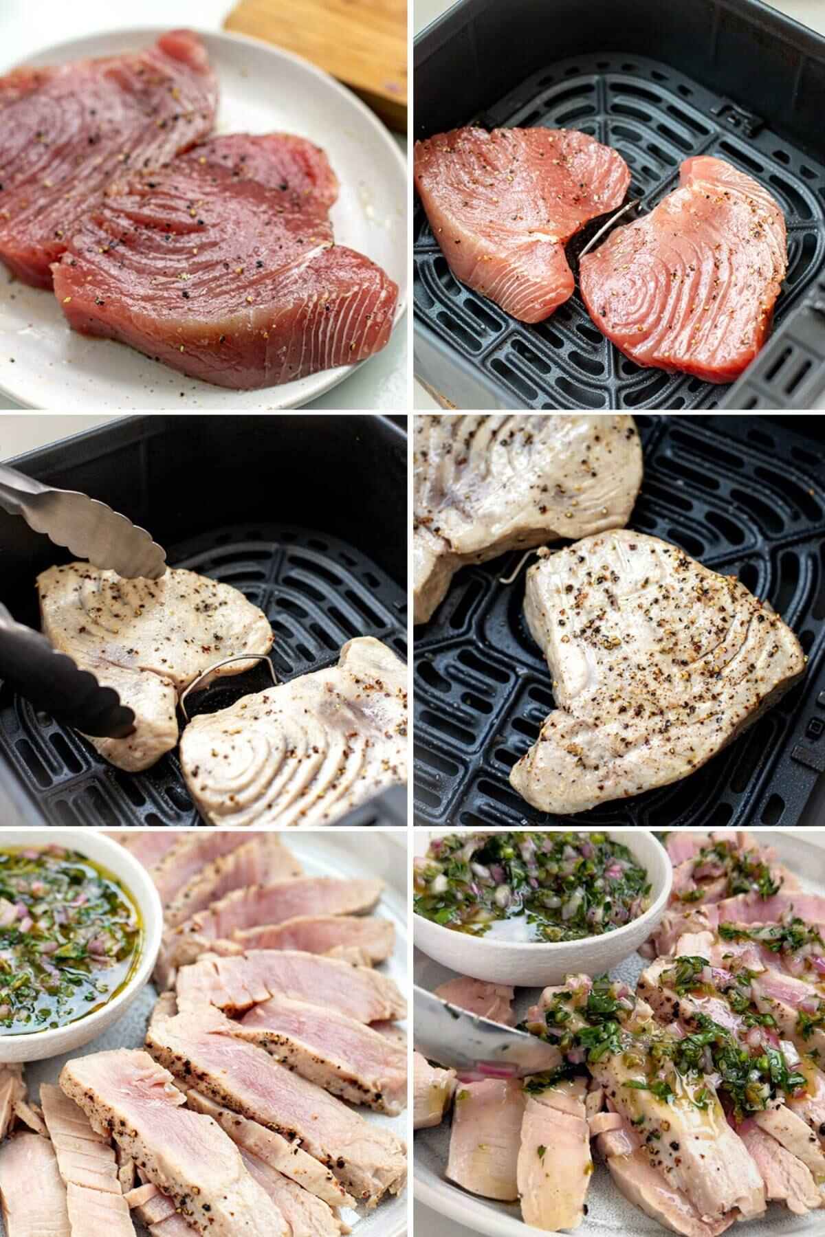 collage of steps on how to air fry tuna steaks