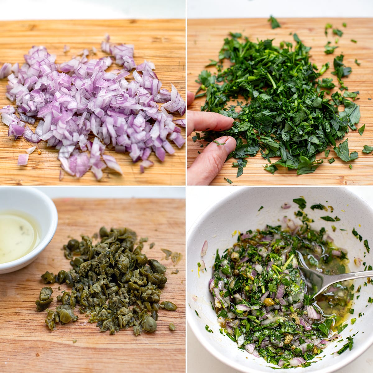 collage of steps on how to making herby lemon caper sauce