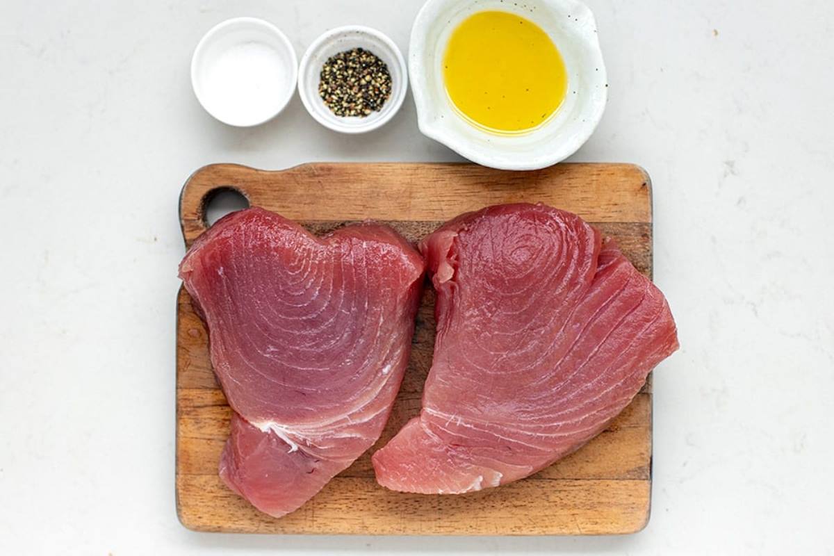 flat lay of air fryer tuna steaks ingredients