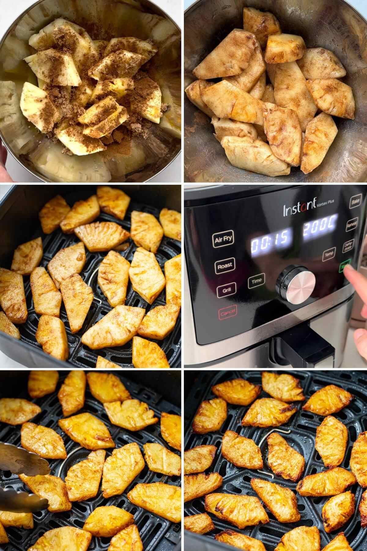 collage of steps how to air fry pineapple