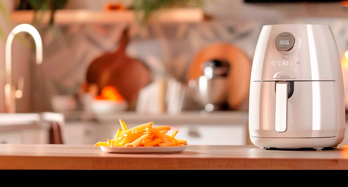 plate of french fries beside air fryer on kitchen counter