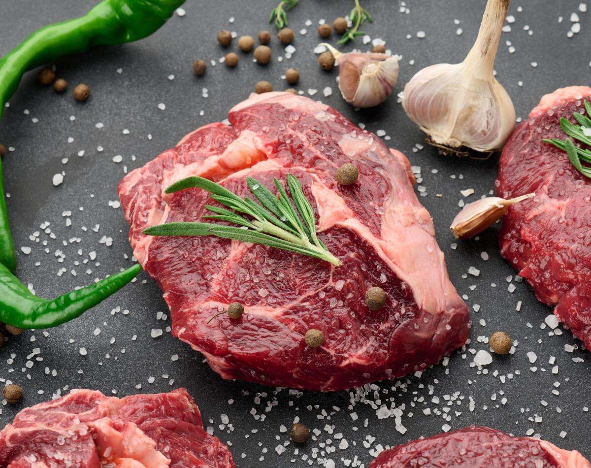 close-up of raw marbled meat steak Ribeye