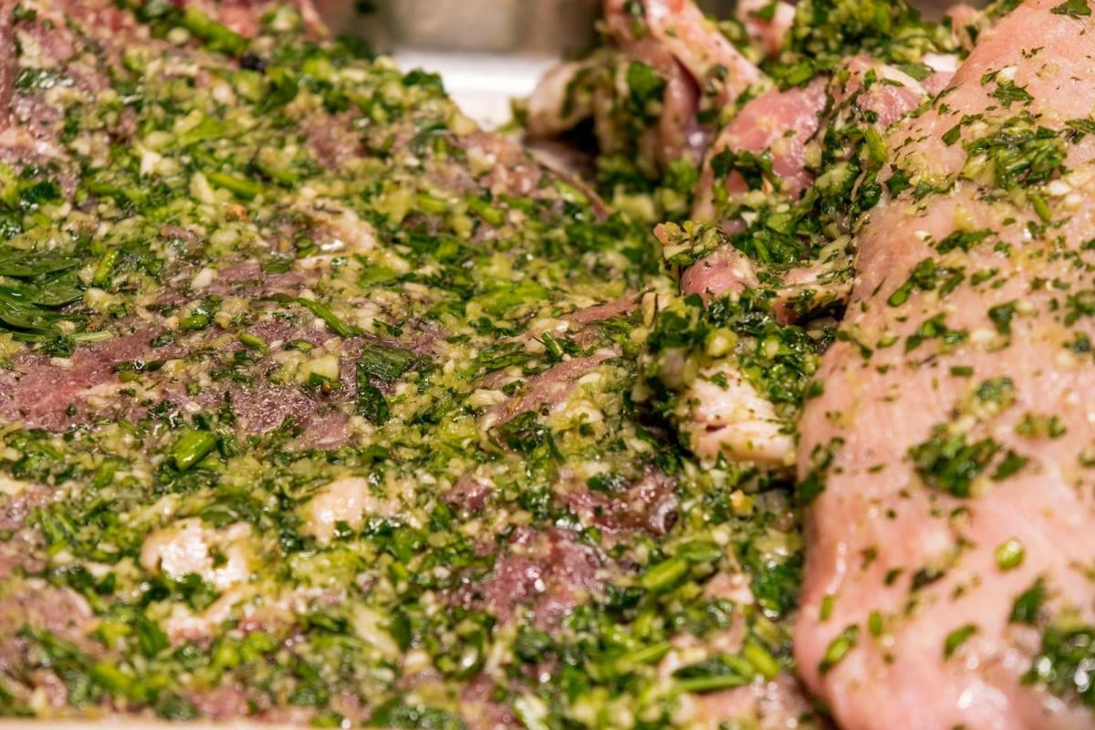 raw meats marinated in garlic, olive oil, parsley