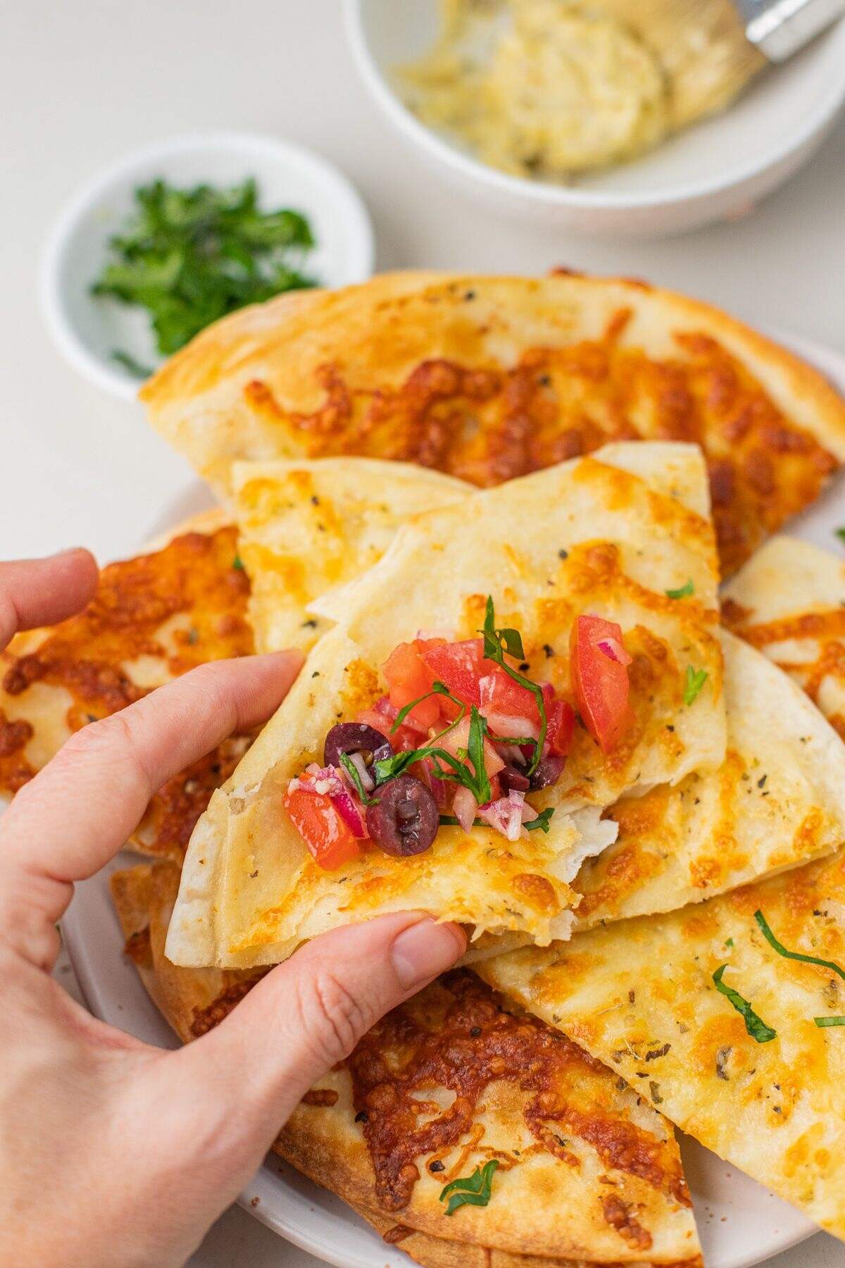 air fryer tortilla garlic bread with salsa salad