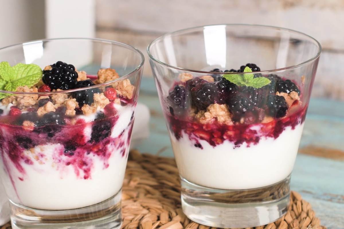 yogurt desert with raspberries, blackberry and mint