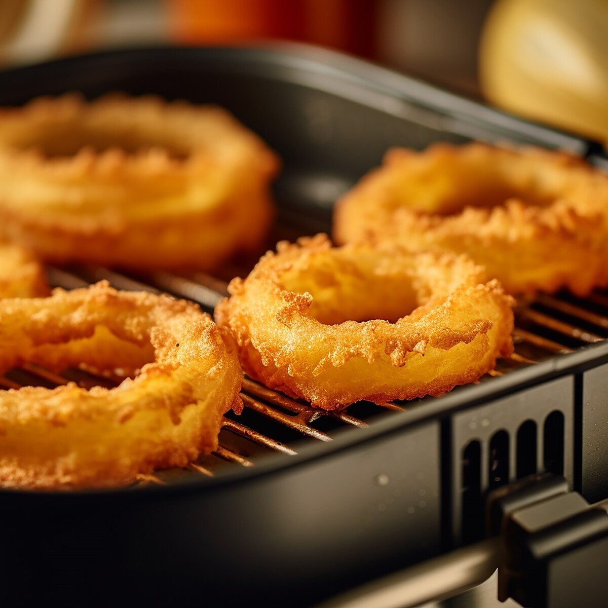 crispy onion rings cooking in an air fryer