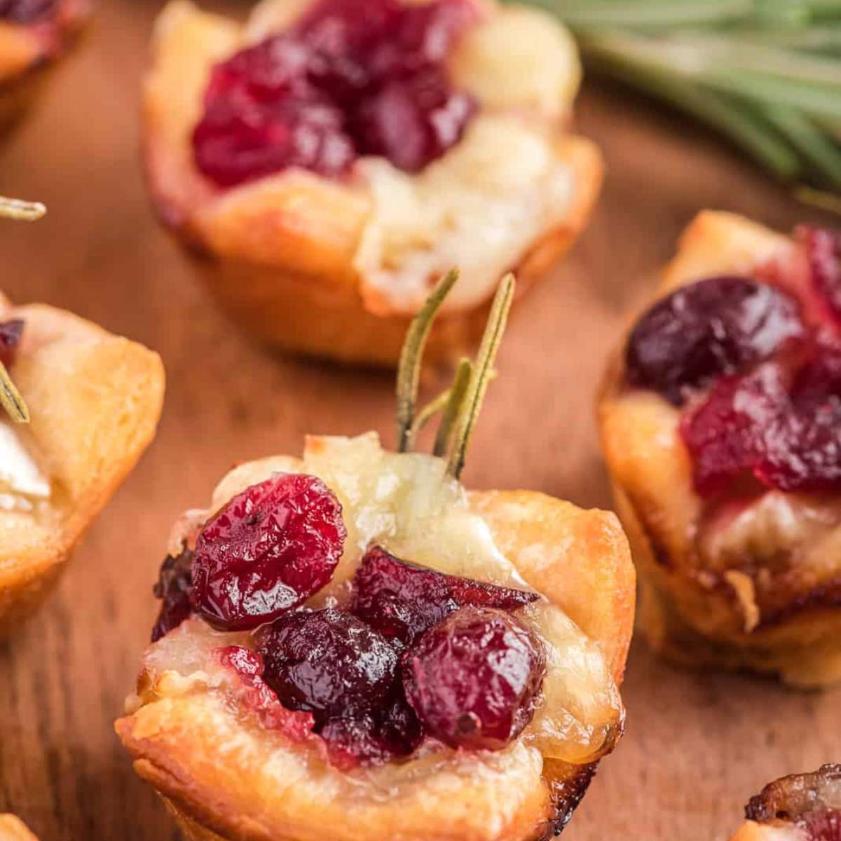 Baked brie bites with cranberry sauce and rosemary sprigs on top.