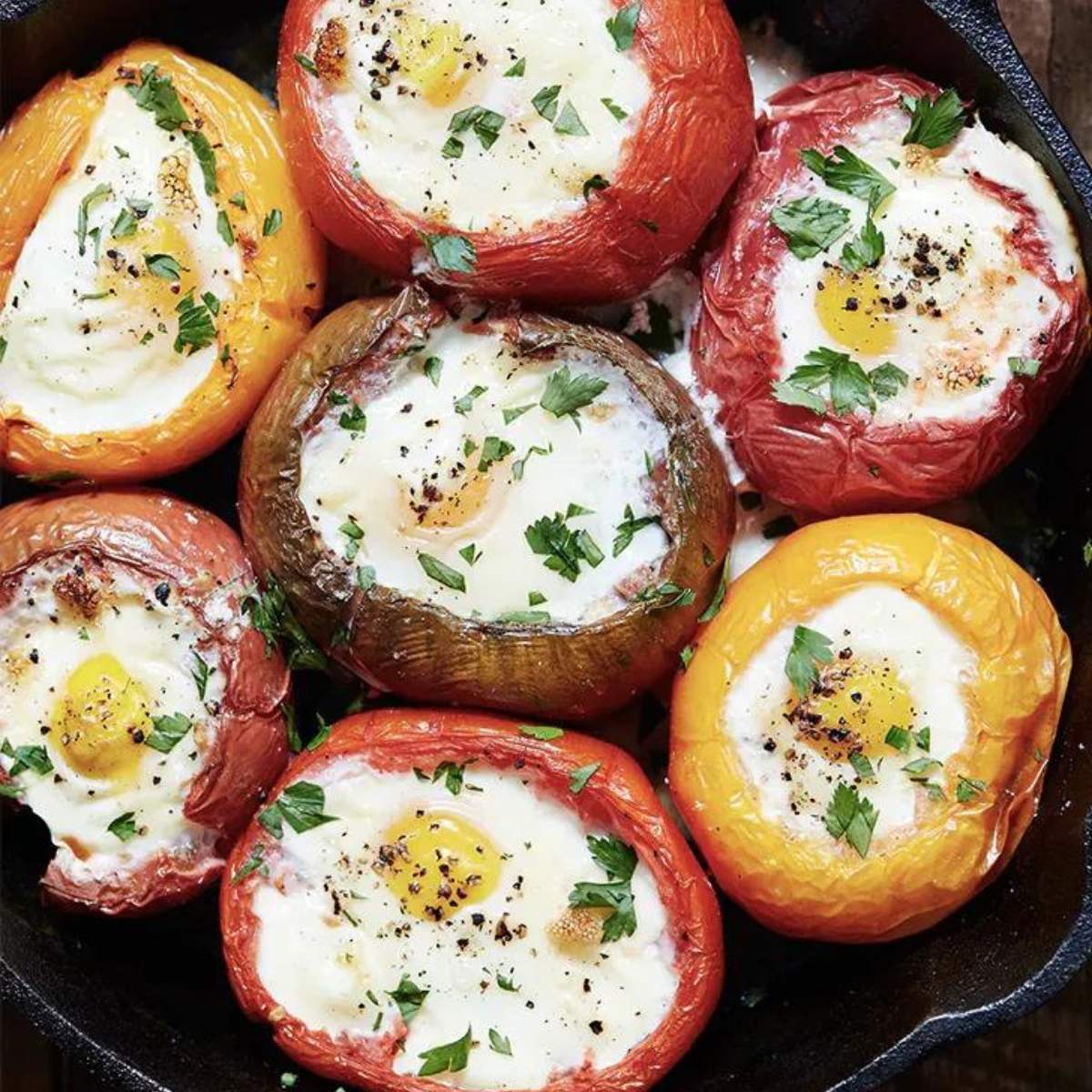 Baked eggs in colorful bell peppers and mushroom caps, served in a cast iron skillet. 