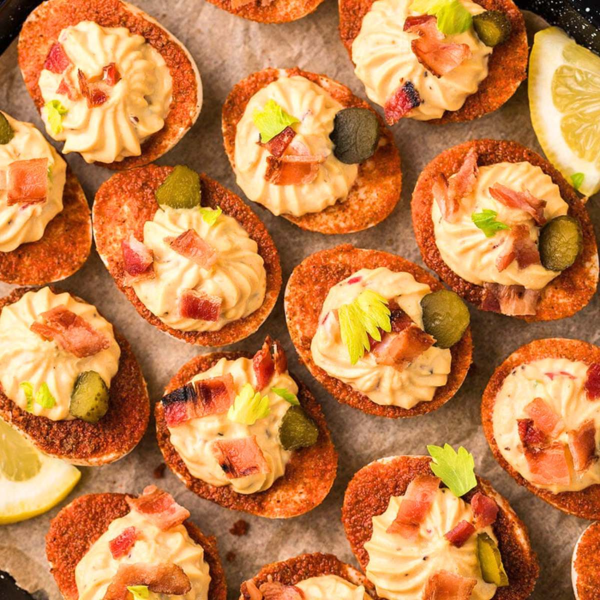  A tray of deviled eggs topped bacon crumbles, chopped celery, and pickles. With lemon wedges on the side