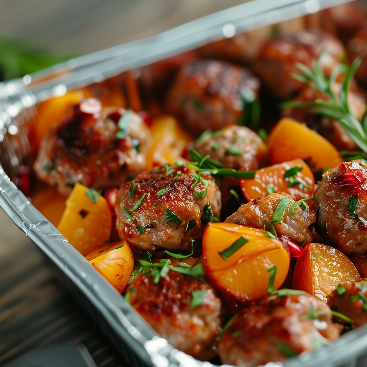 a metal pan filled with roasted meatballs and assorted vegetables