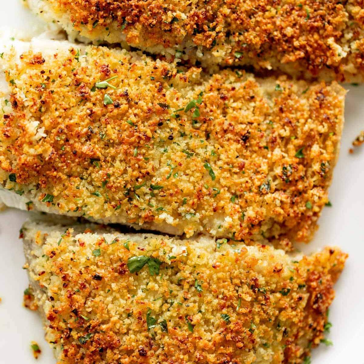 Oven baked white fish topped with breadcrumbs and fresh chopped parsley.
