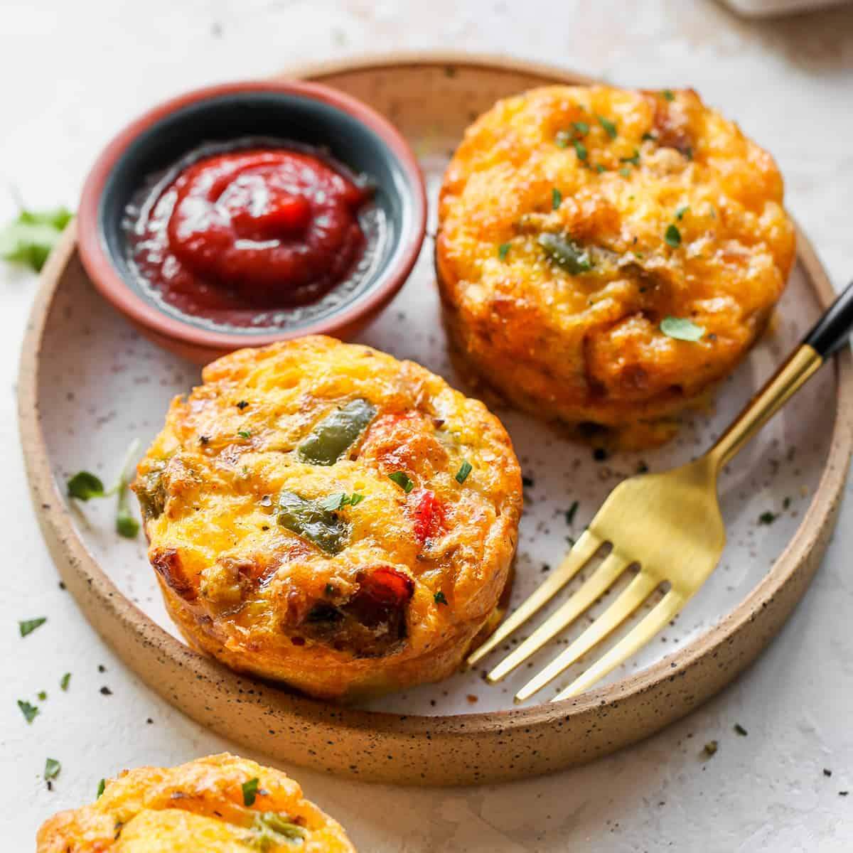 Egg muffins filled with cheese, vegetables, and sausage, served with ketchup and fork on the side.

