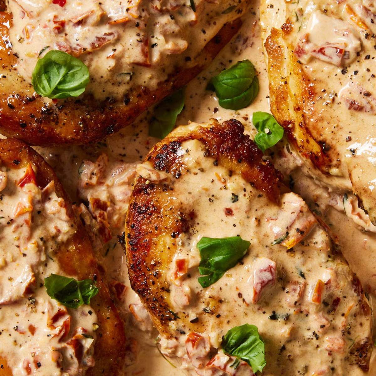 Seared chicken breasts topped with a creamy, red pepper sauce and fresh basil leaves.