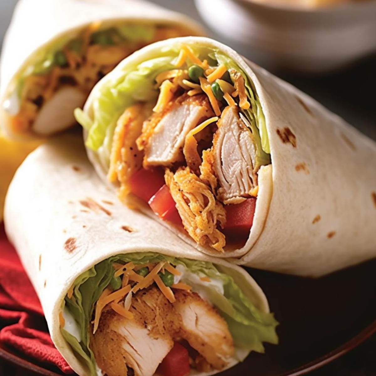 A photo of a crispy chicken wrap cut in half, showing crispy fried chicken, lettuce, tomato, and shredded cheese inside a tortilla.