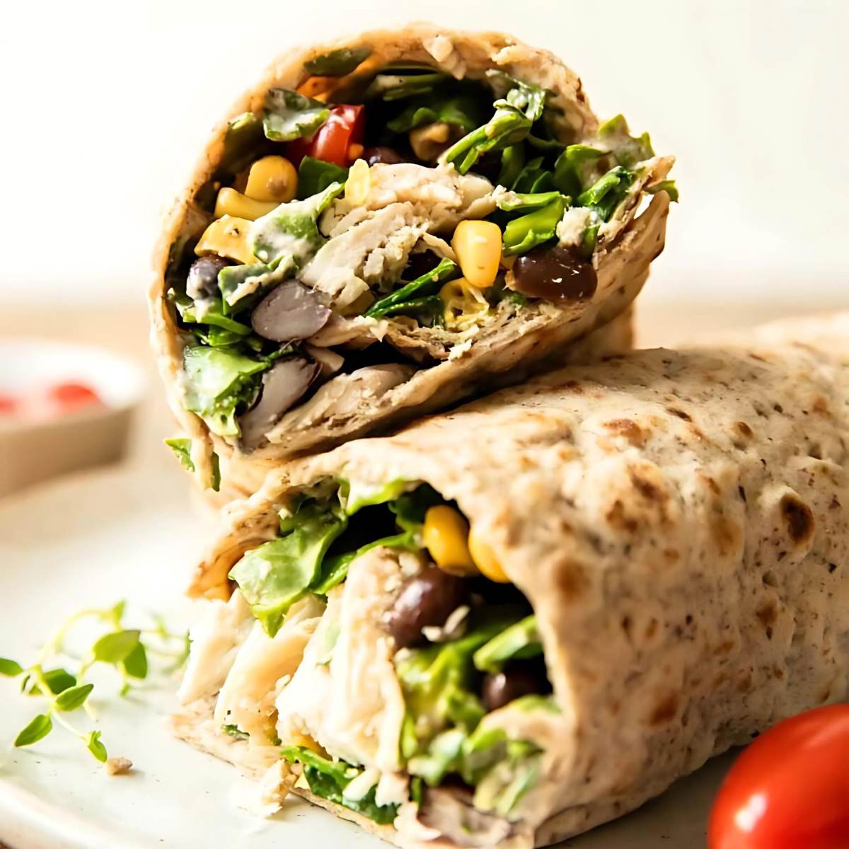 A photo of a chicken wrap cut in half, showing shredded chicken, black beans, corn, lettuce, and a creamy dressing inside a whole-wheat tortilla.