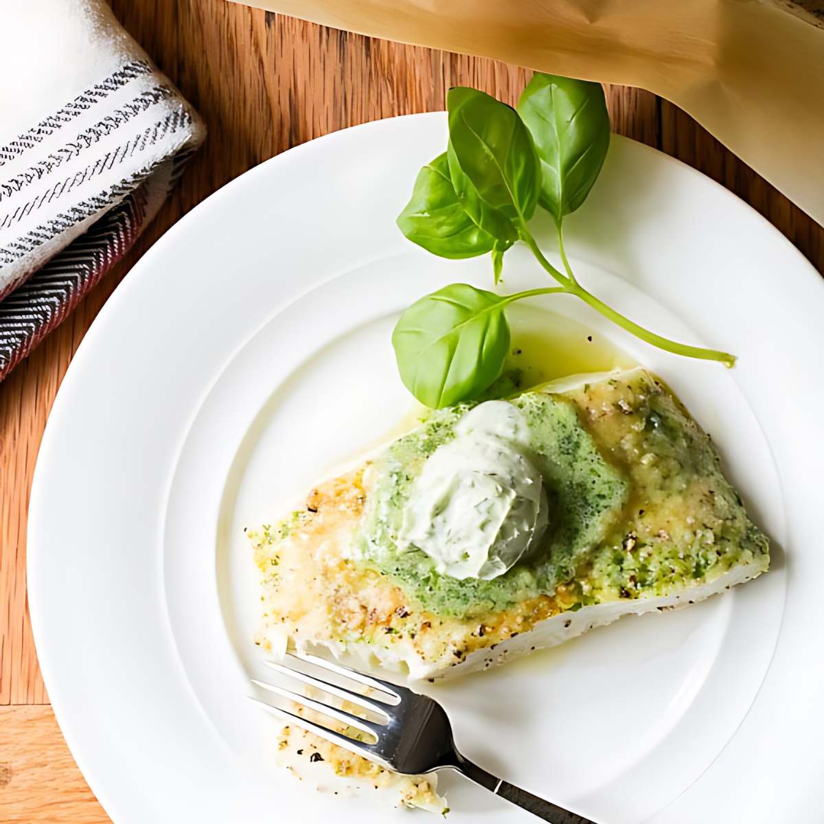 Baked white fish with a basil butter sauce and a sprig of fresh basil and a fork on the side.